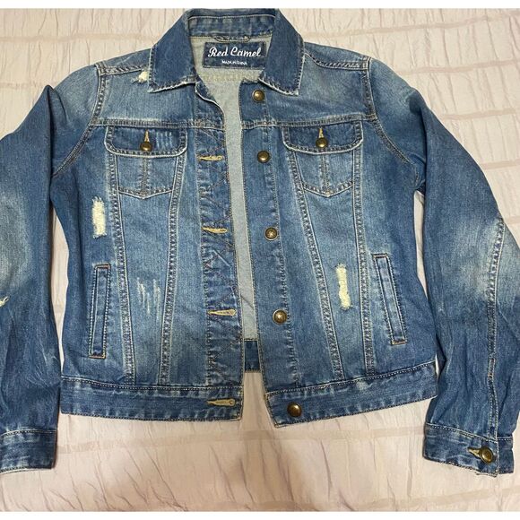 Red Camel Women's M  Distressed Denim Jacket Casual Vintage Style Streetwear - Picture 1 of 5
